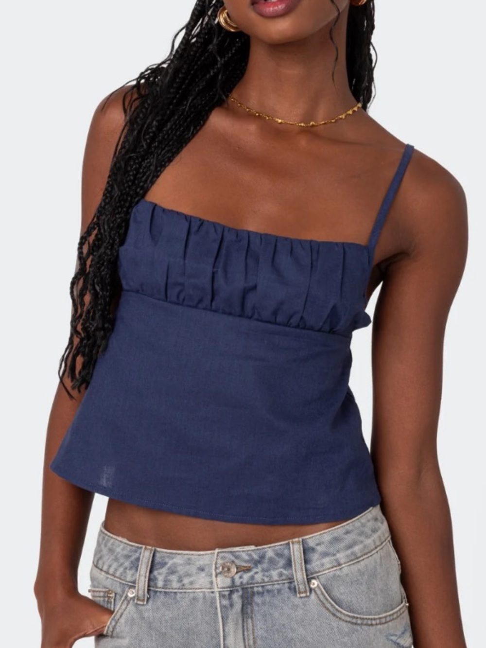 Edikted Open Back Linen Look Blue Tie Tank